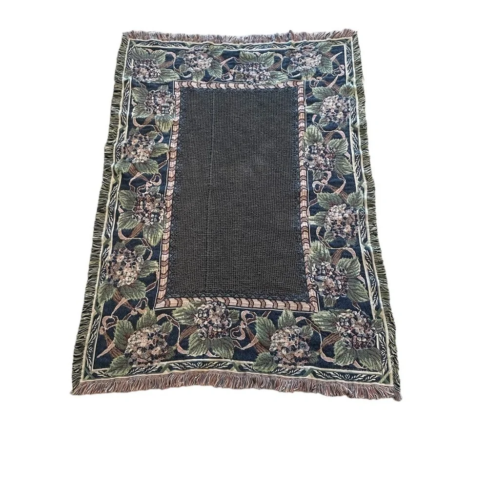 Vintage Floral Warm Fringed Throw Blanket Blue/Mauve/Green/White 46” X 67.5”